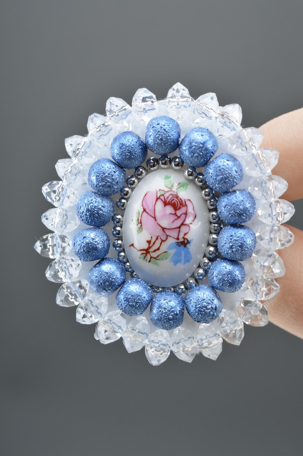 Handmade round bead embroidered brooch with cameo in tender color palette photo 5