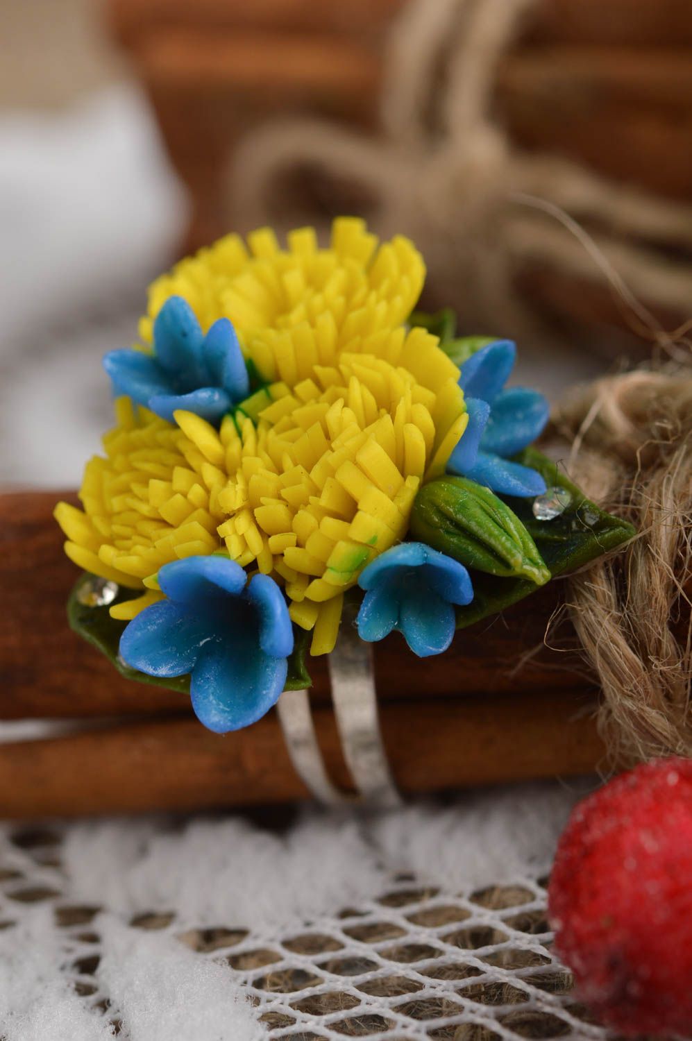 Bague fleurs jaune-bleu Bijou fait main pâte polymère réglable Cadeau femme photo 2