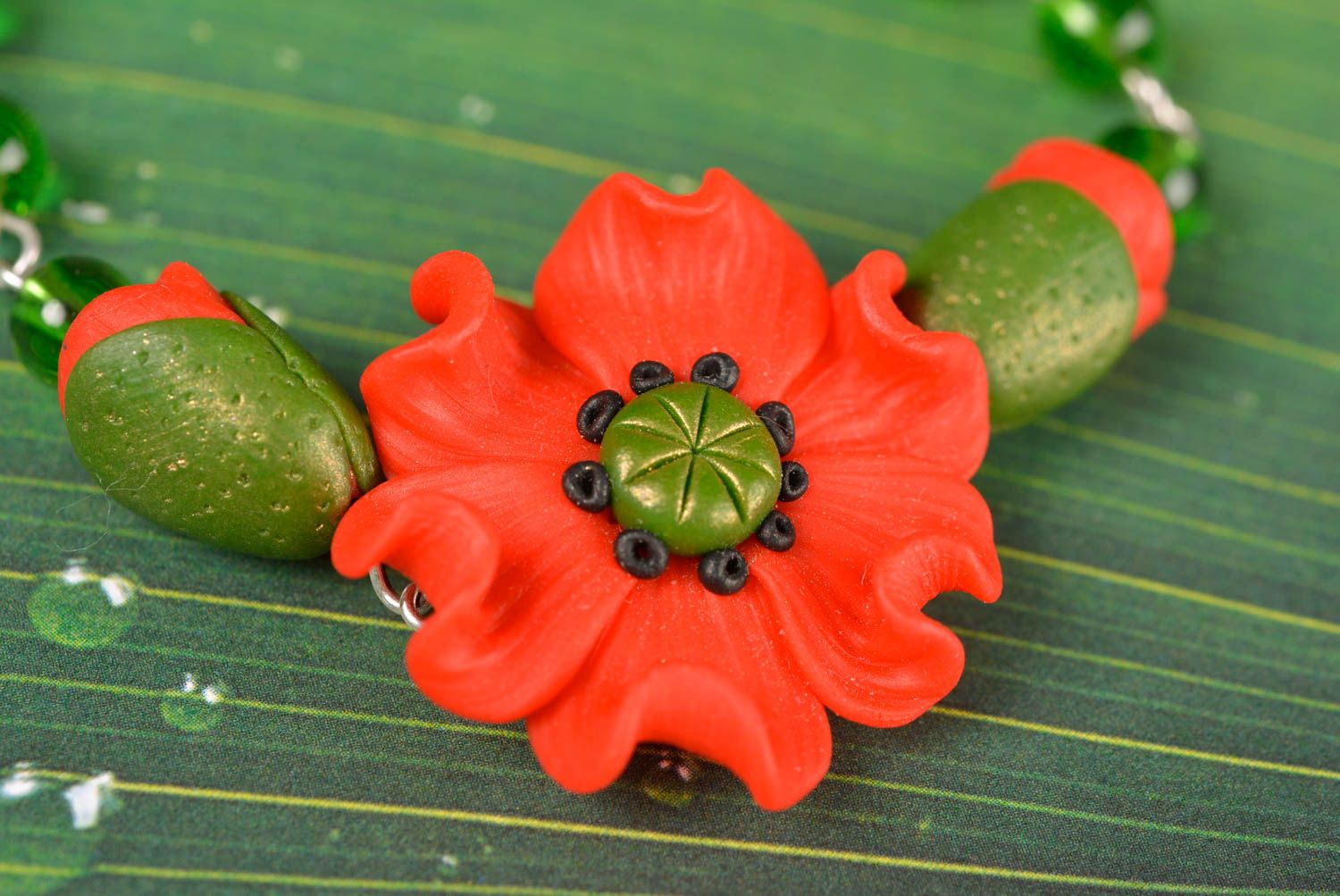 Bracelet made of polymer clay with red poppy on chain exclusive handmade jewelry photo 2