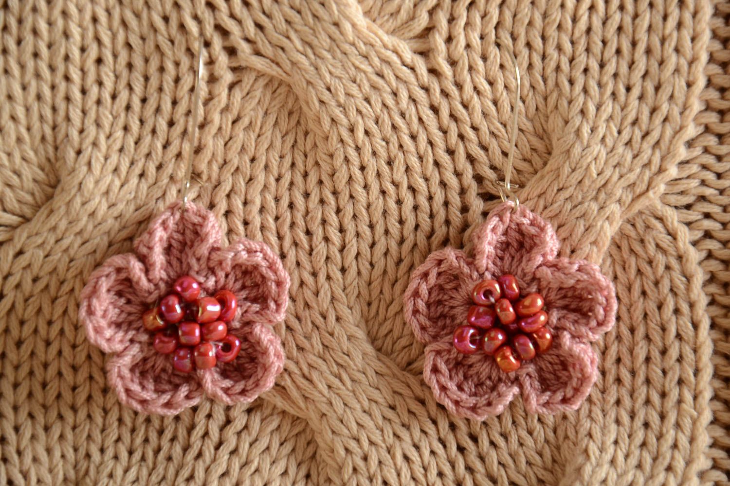 Beautiful interesting cute unusual handmade cotton crochet flower bead earrings  photo 1