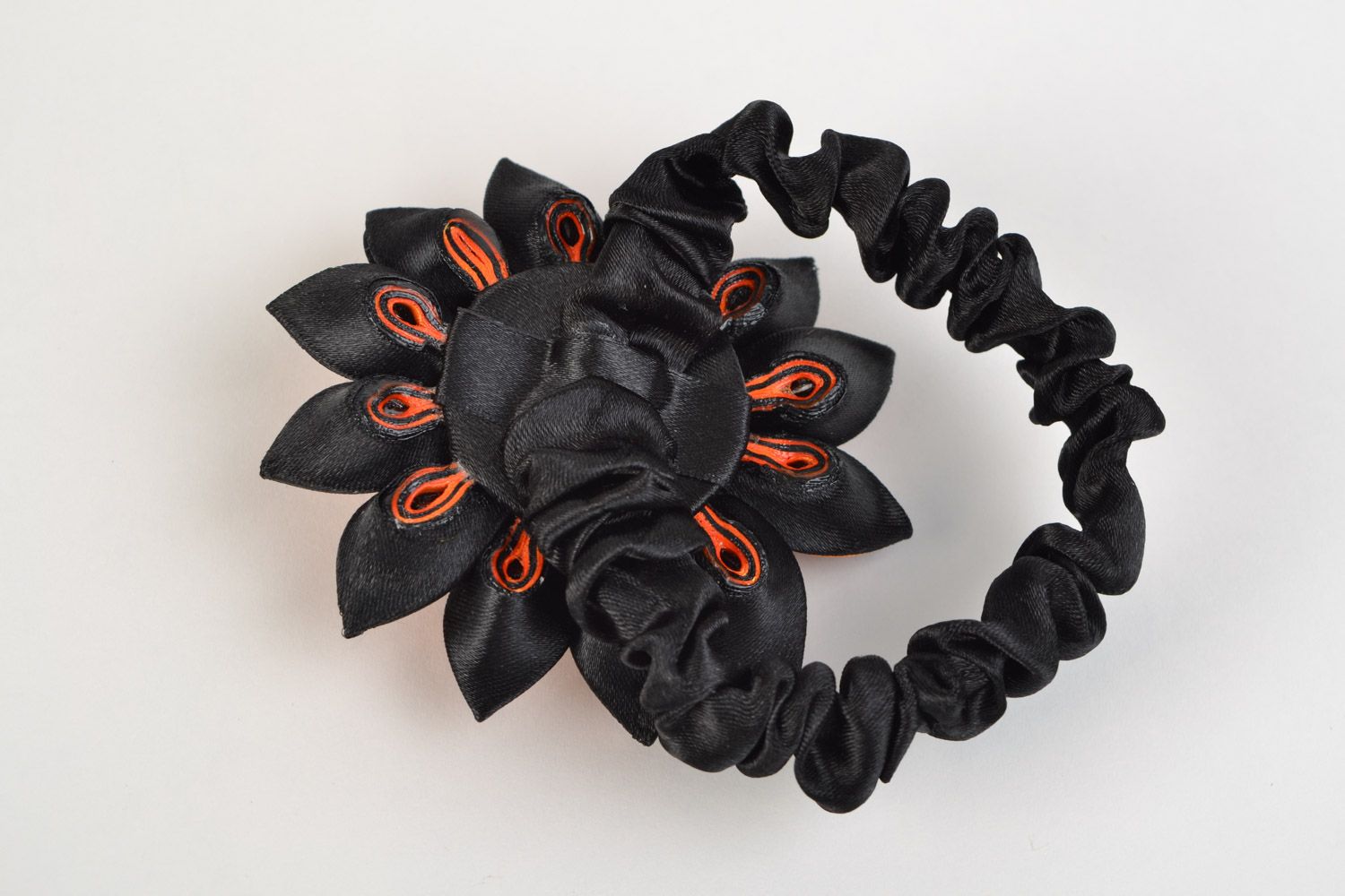 Handmade scrunchy with black and orange kanzashi flower hair accessory photo 4
