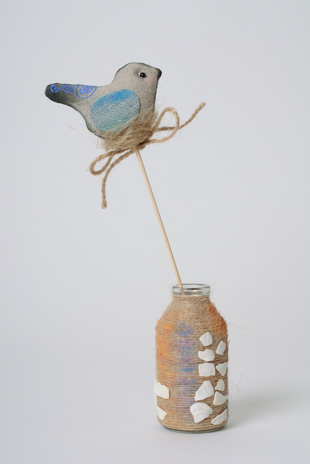 Handmade gray linen textile bird on stick for flowerpot photo 1