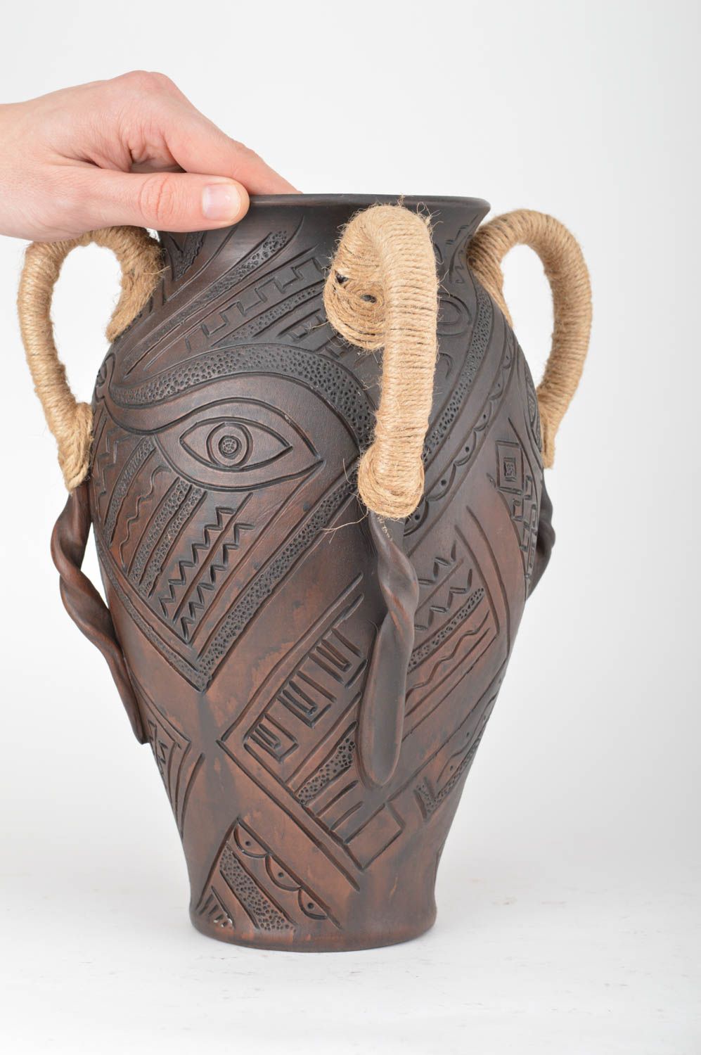 Vase artisanal terre cuite marron 4 anses 3 L à motif original décor fait main photo 3