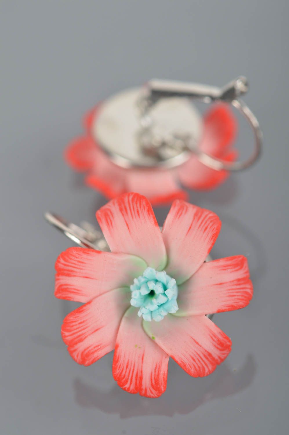 Flower earrings made of polymer clay with pink flowers designer accessory photo 4