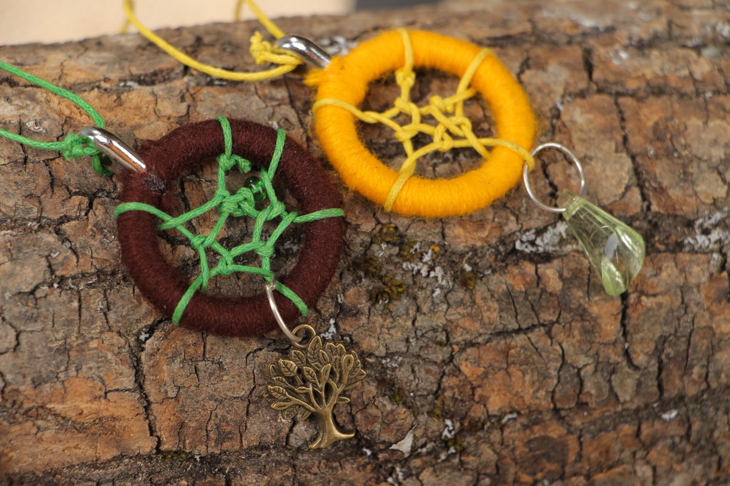 Yellow and brown handmade dreamcatcher pendant necklaces for women 2 items photo 1