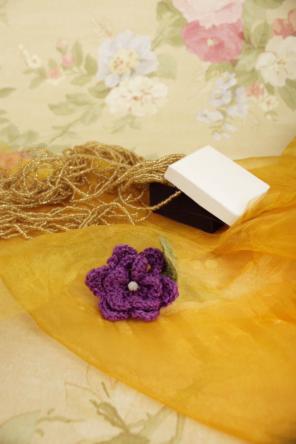 Handmade designer textile brooch crocheted flower brooch violet jewelry photo 1