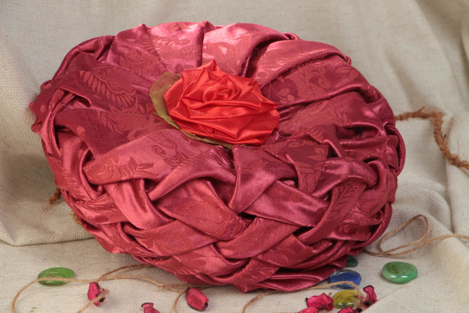 Handmade designer large satin accent pillow with flower in purple and red colors photo 1