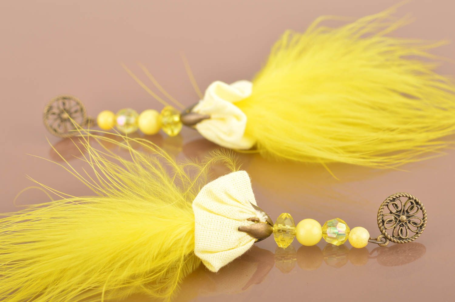 Unusual cute handmade bright yellow long earrings with charms and feathers photo 5