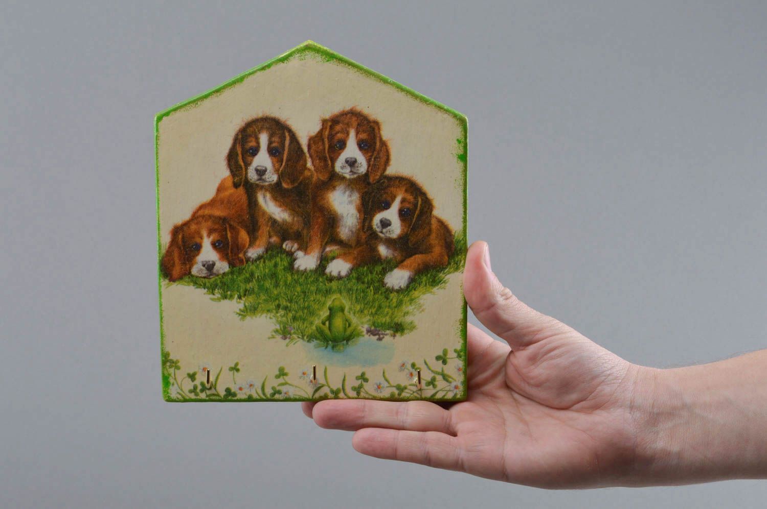 Accroche-clés mural en bois fait main petit 3 crochets serviettage chiens photo 1