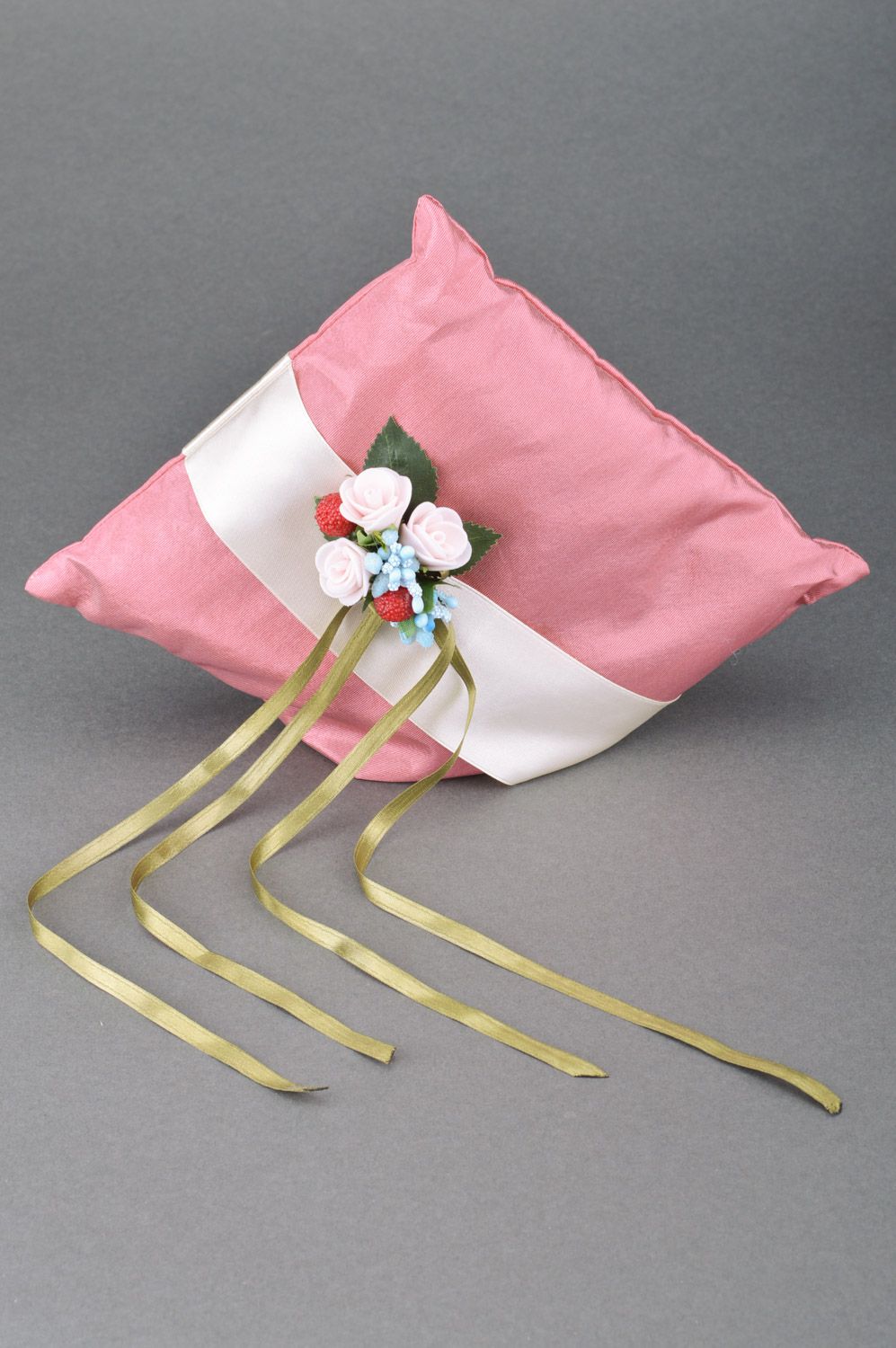 Handmade wedding rings pillow sewn of pink satin fabric with flowers and ribbons photo 2