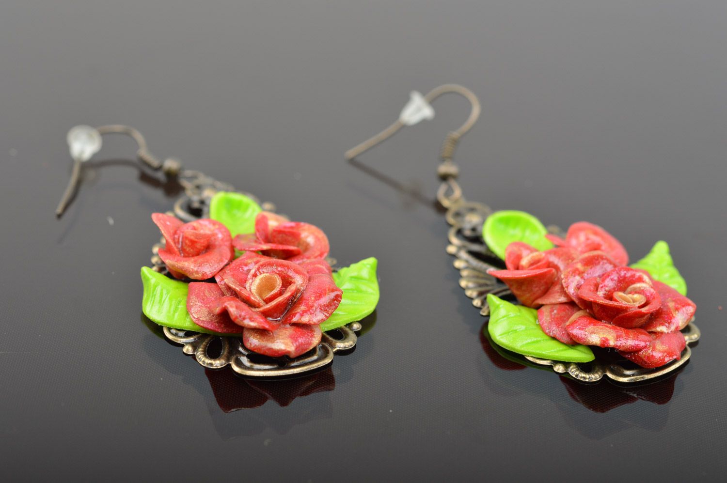 Handmade polymer clay drop earrings with charms in the shape of roses photo 3