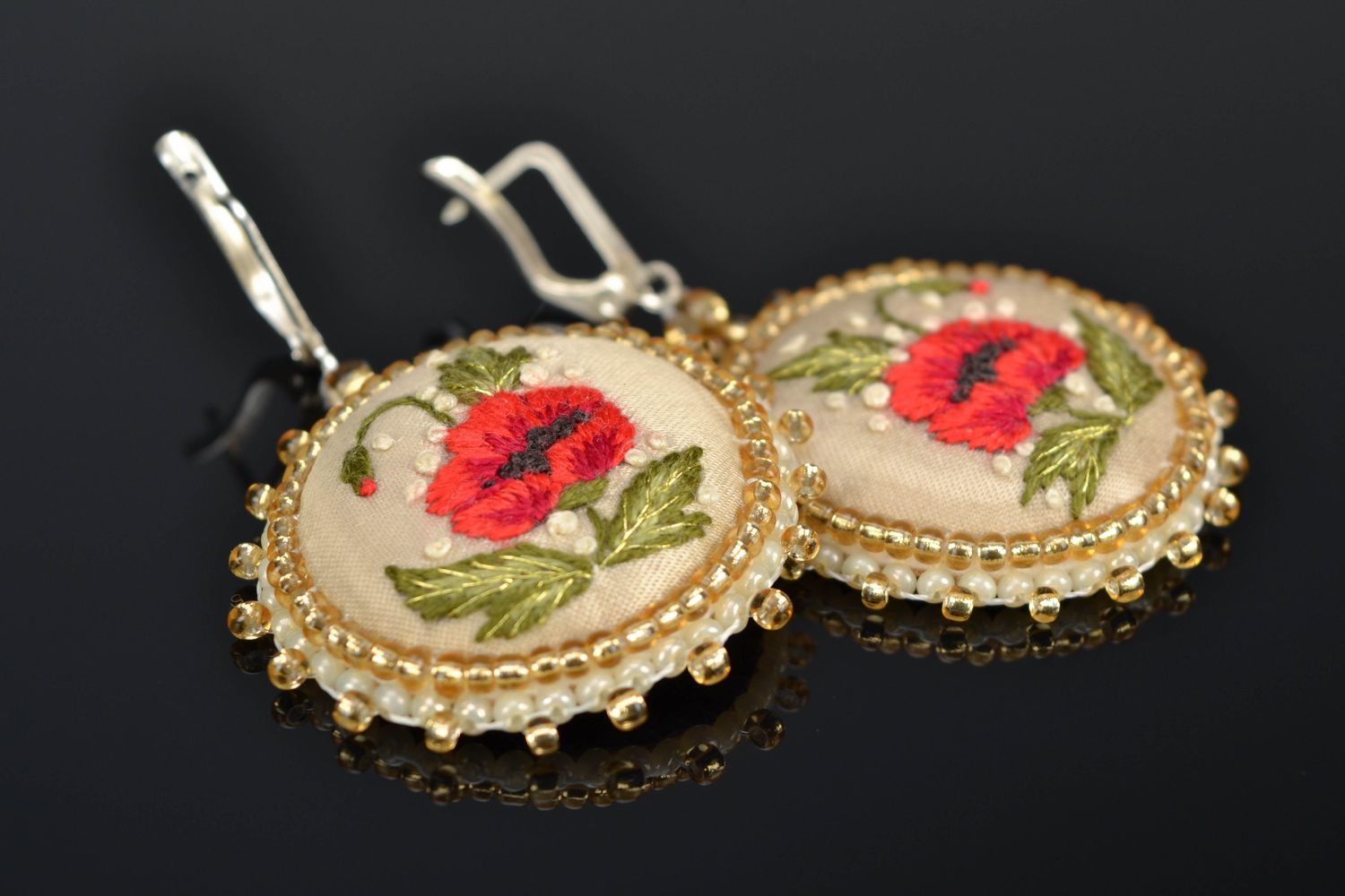 Round satin stitch embroidered earrings Red Poppies photo 1
