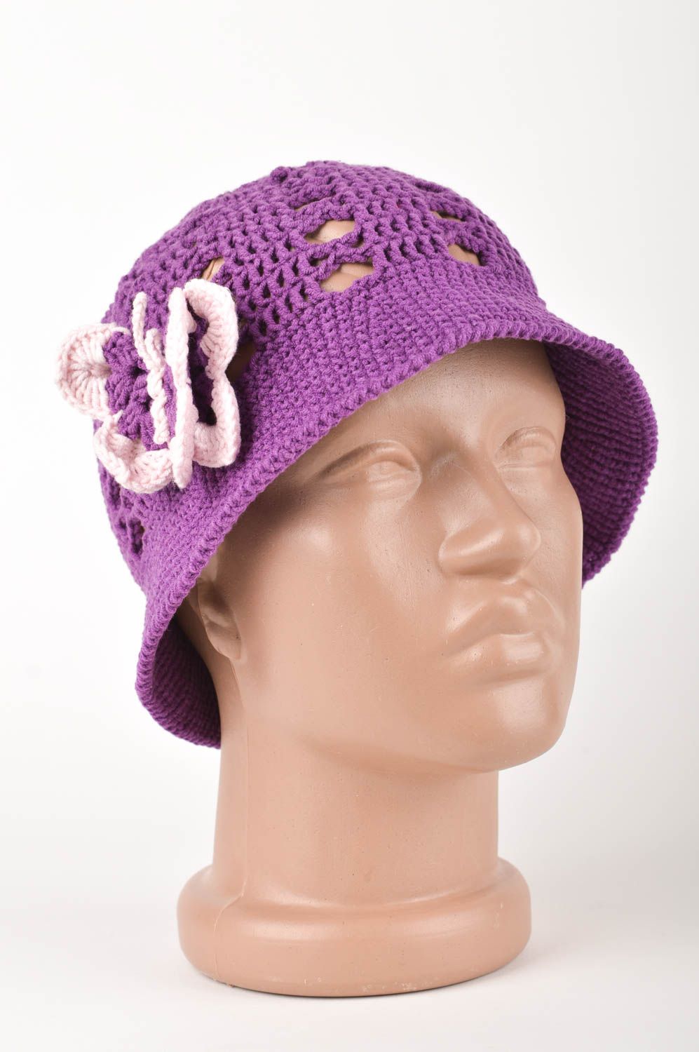 Вязаная панамка для детей хенд мейд весенняя шапка панамка крючком фиолетовая фото 1