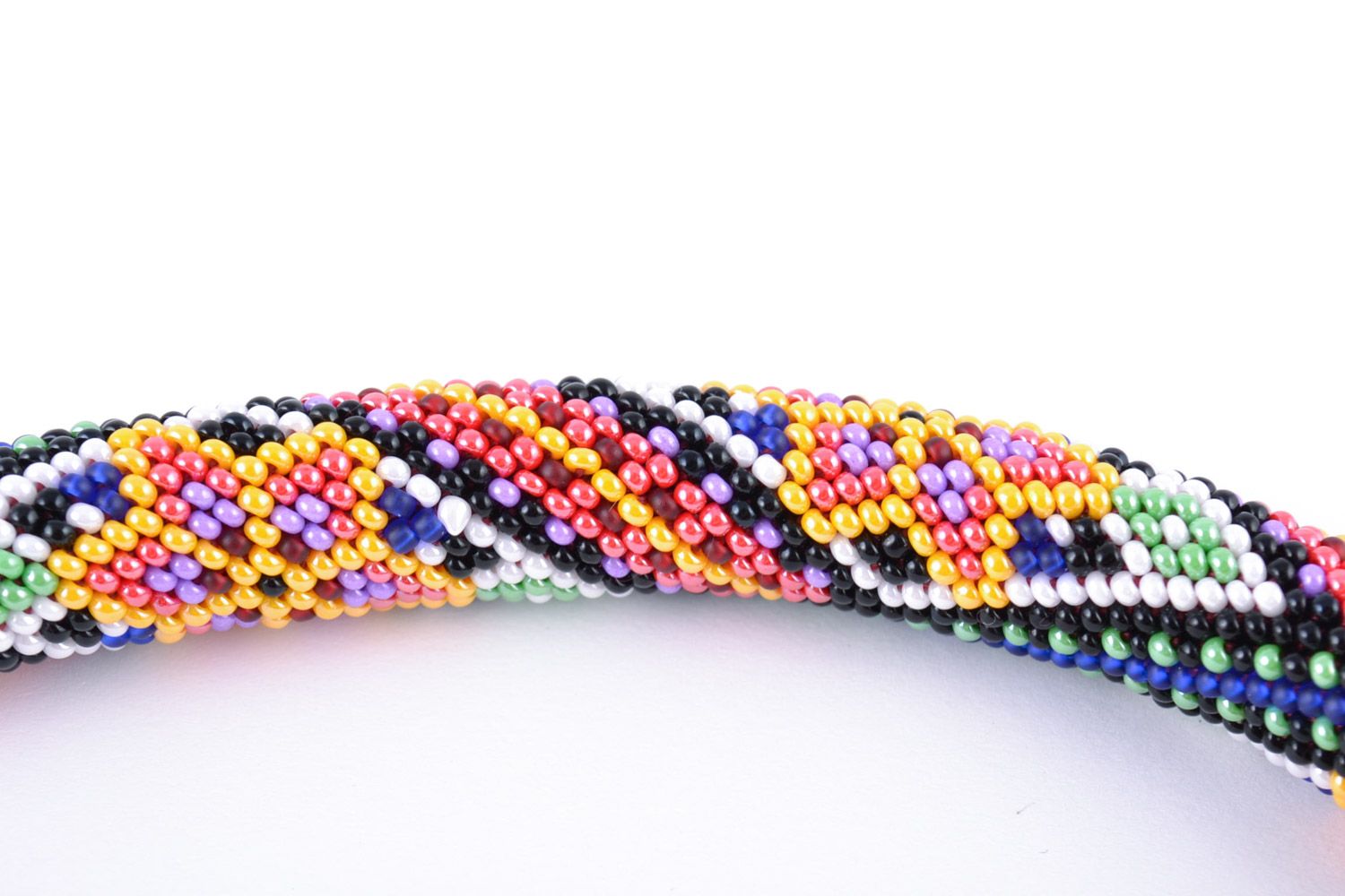 Handmade colorful women's cord necklace woven of beads with geometric ornament photo 3