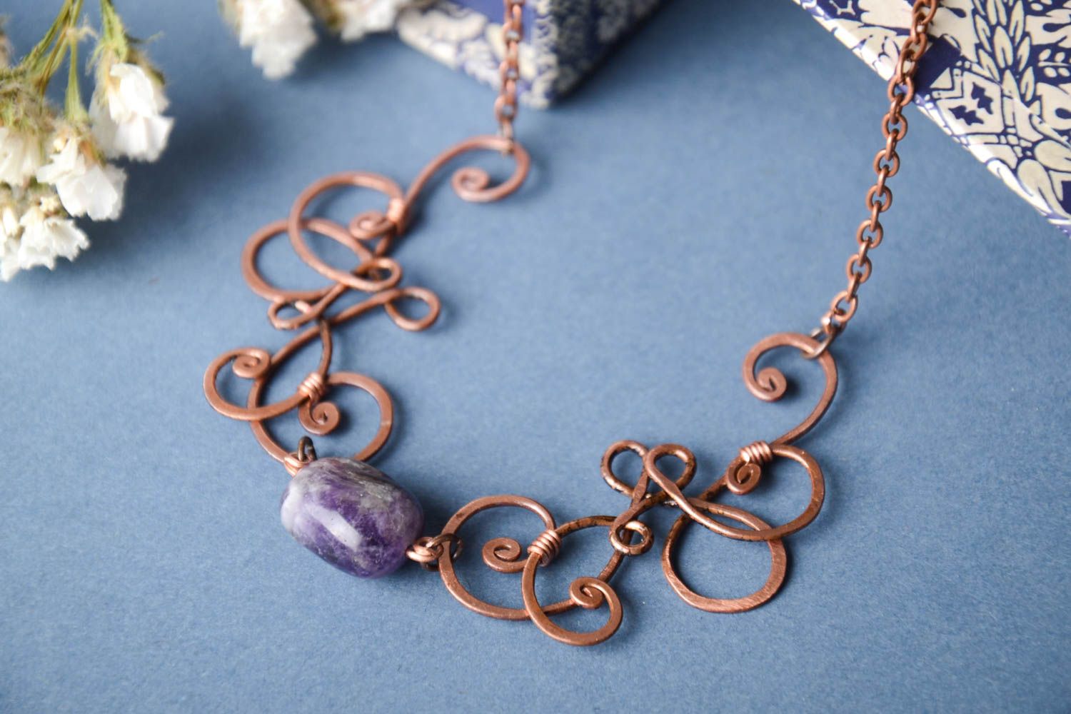 Handmade vintage pendant natural stone pendant copper jewelry copper pendant photo 1