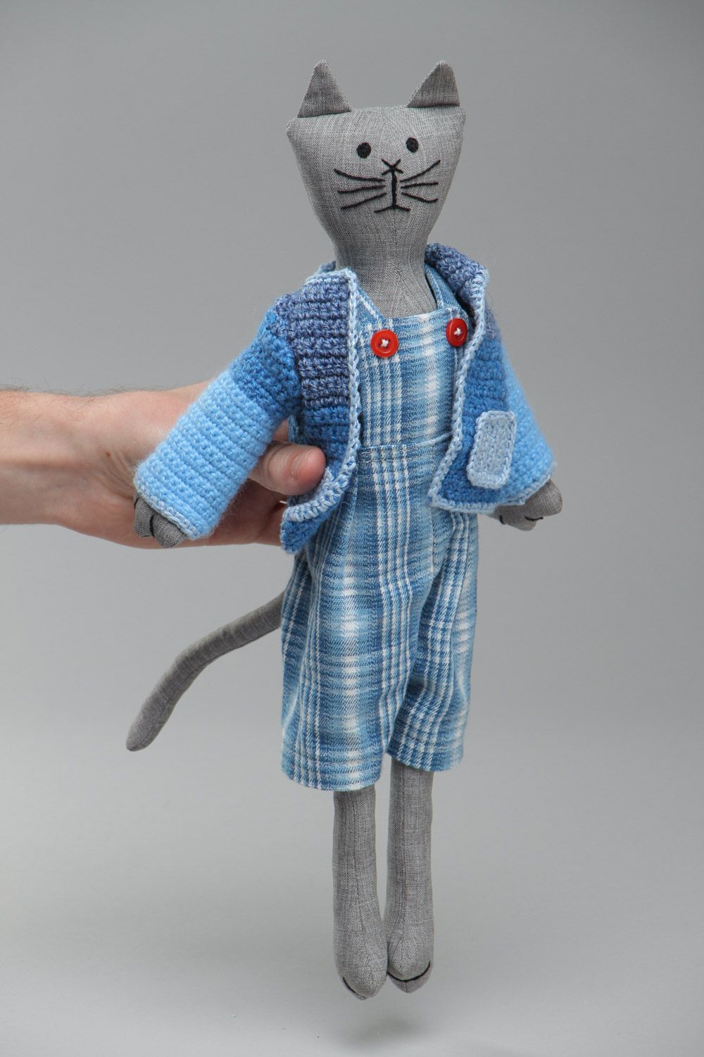 Handmade soft toy sewn of cotton cute gray cat in crocheted blue jacket photo 5