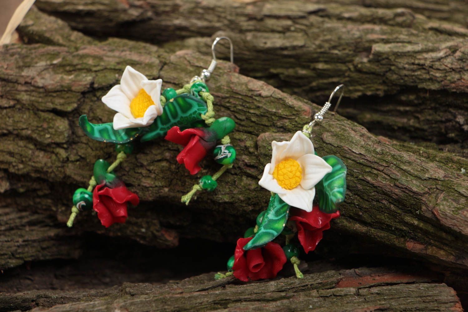 Flower earrings made of polymer clay long beautiful colored handmade jewelry photo 1