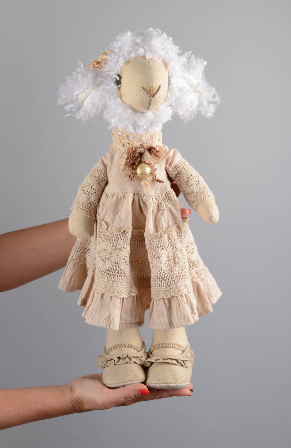 Handmade designer soft toy sewn of natural fabrics lamb in beige dress photo 5
