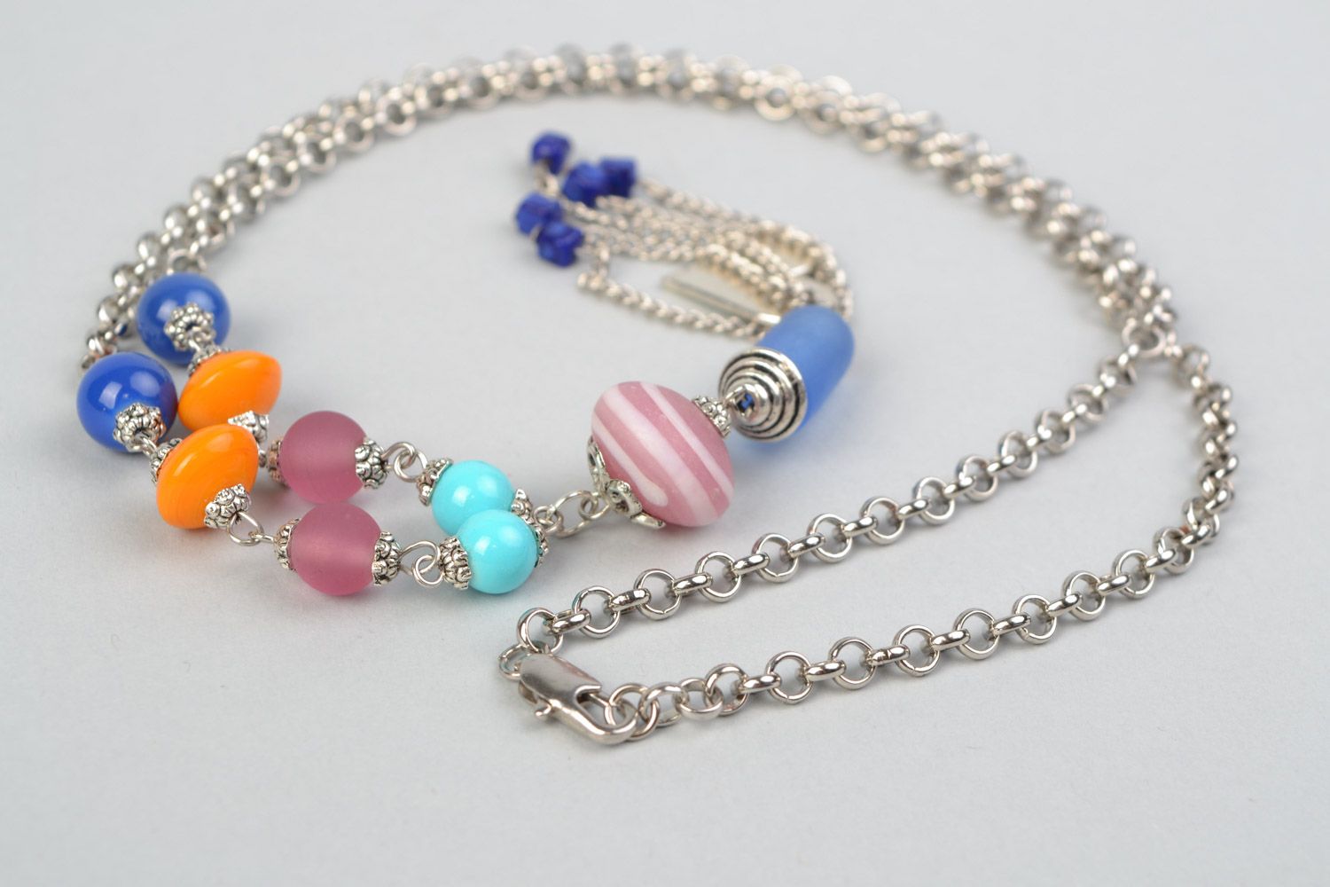 Handmade long metal chain necklace with colorful glass and ceramic beads  photo 4