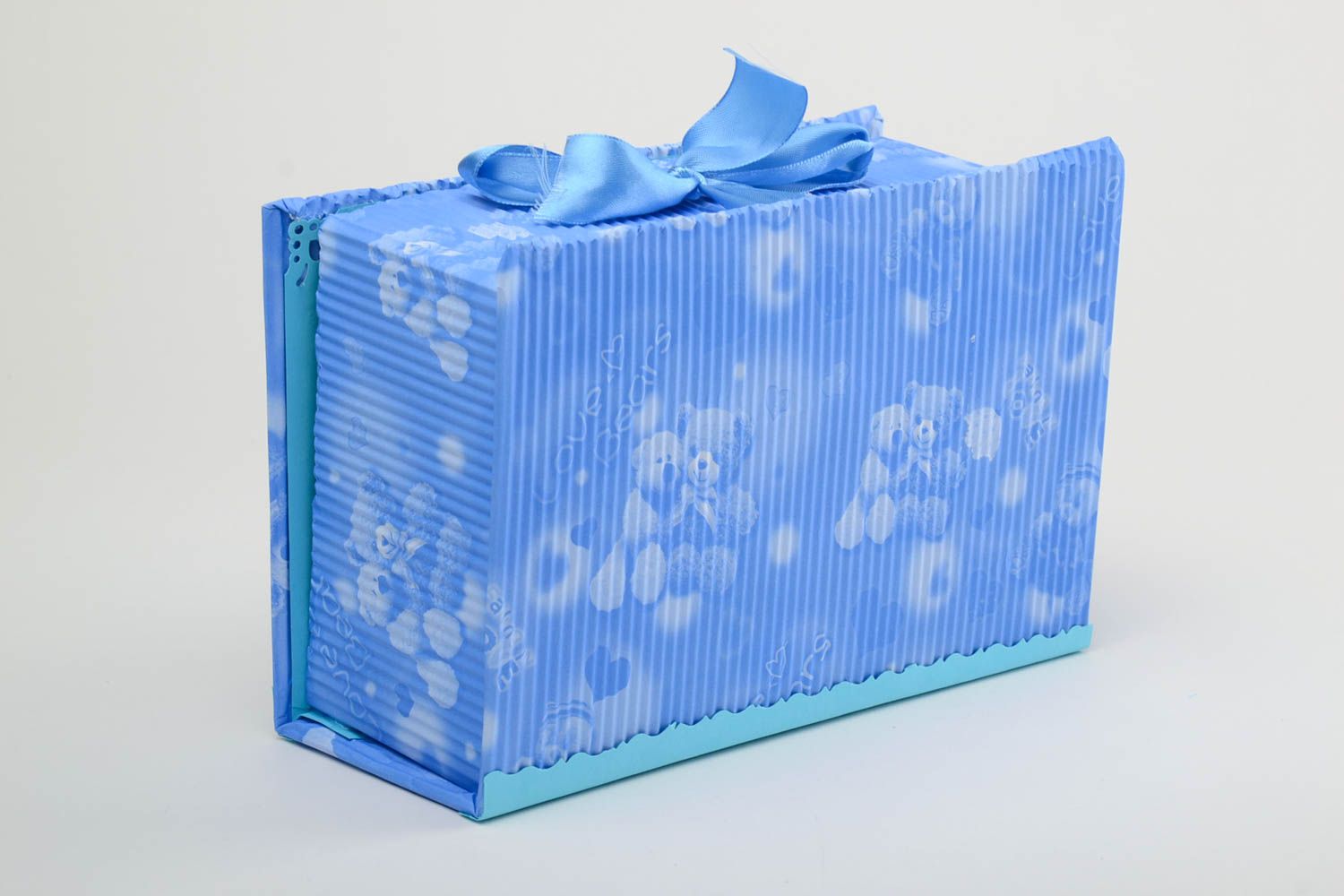 Blaue Schatulle aus Pappe Deko für Bewahren von Baby Sachen geschnürrt handgemacht foto 4