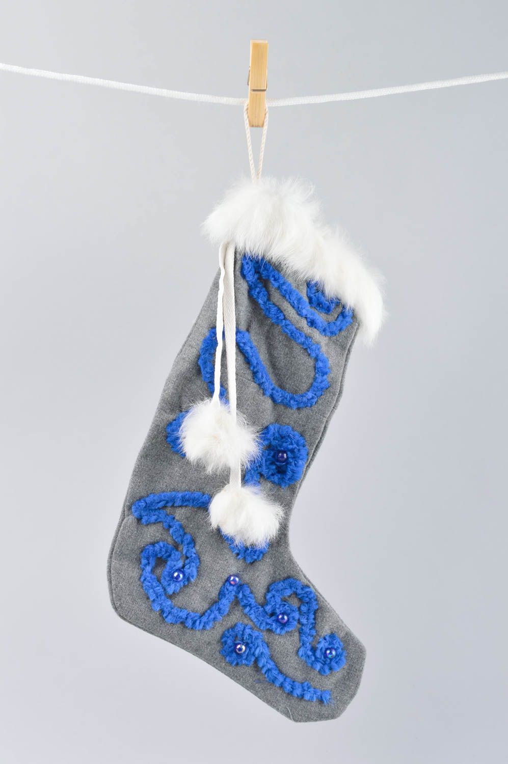 Chaussette Noël faite main Déco Noël fourrure bleu design Déco à suspendre photo 1