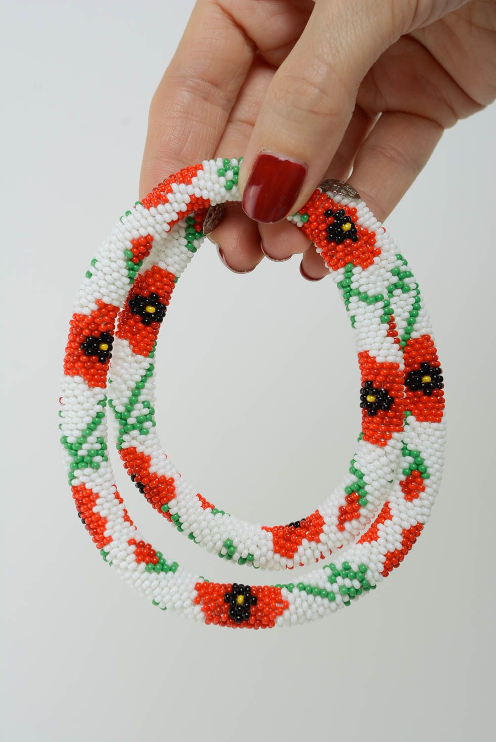 Beaded handmade cord necklace with flowers red poppies on white background photo 4