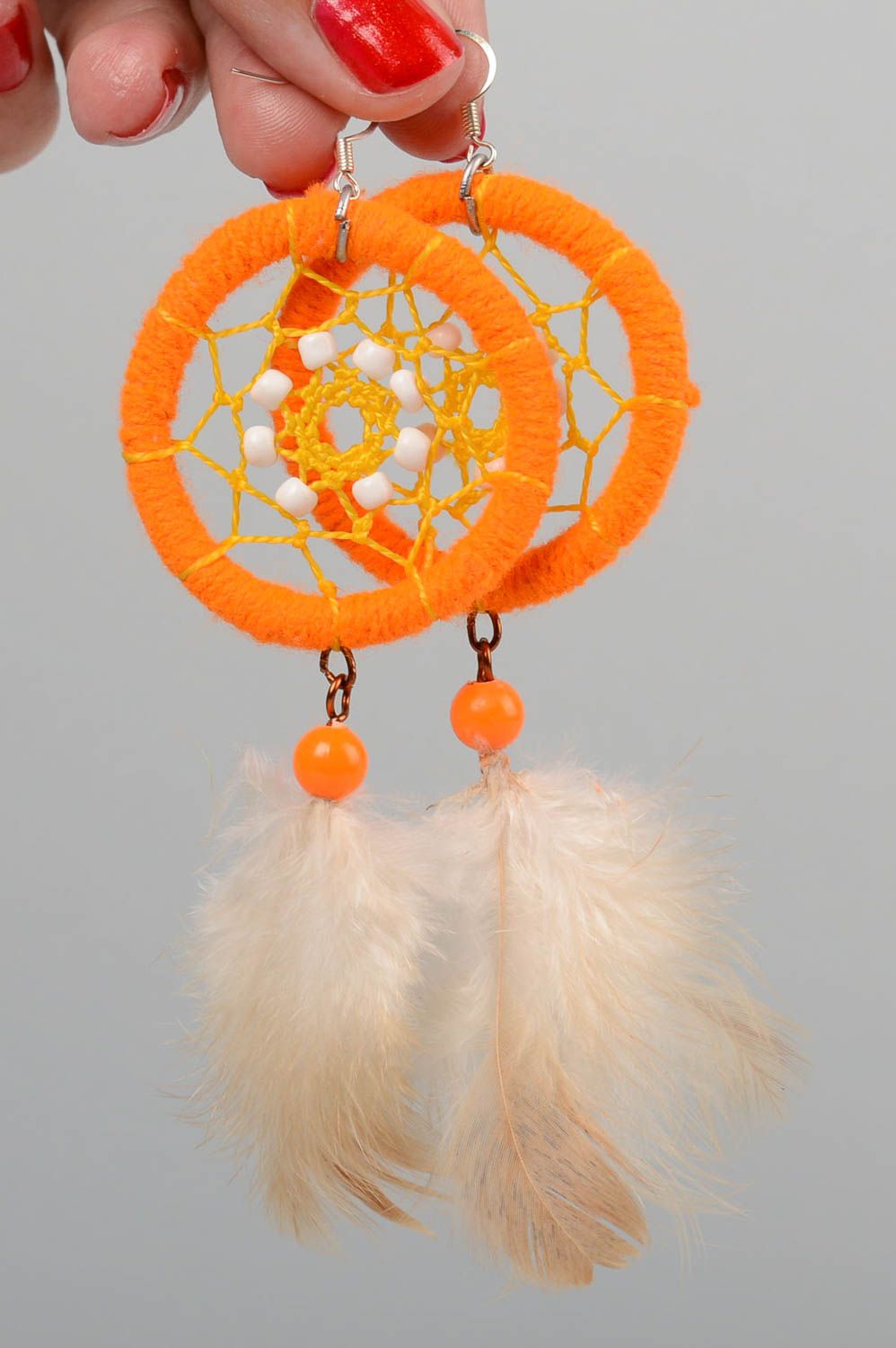 Boucles d'oreilles pendantes Bijou fait main attrape-rêves orange Cadeau femme photo 5