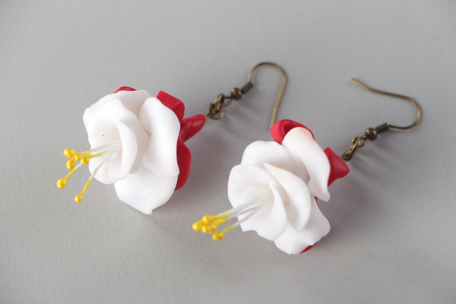 Beautiful festive handmade floral earrings molded of polymer clay for women photo 2
