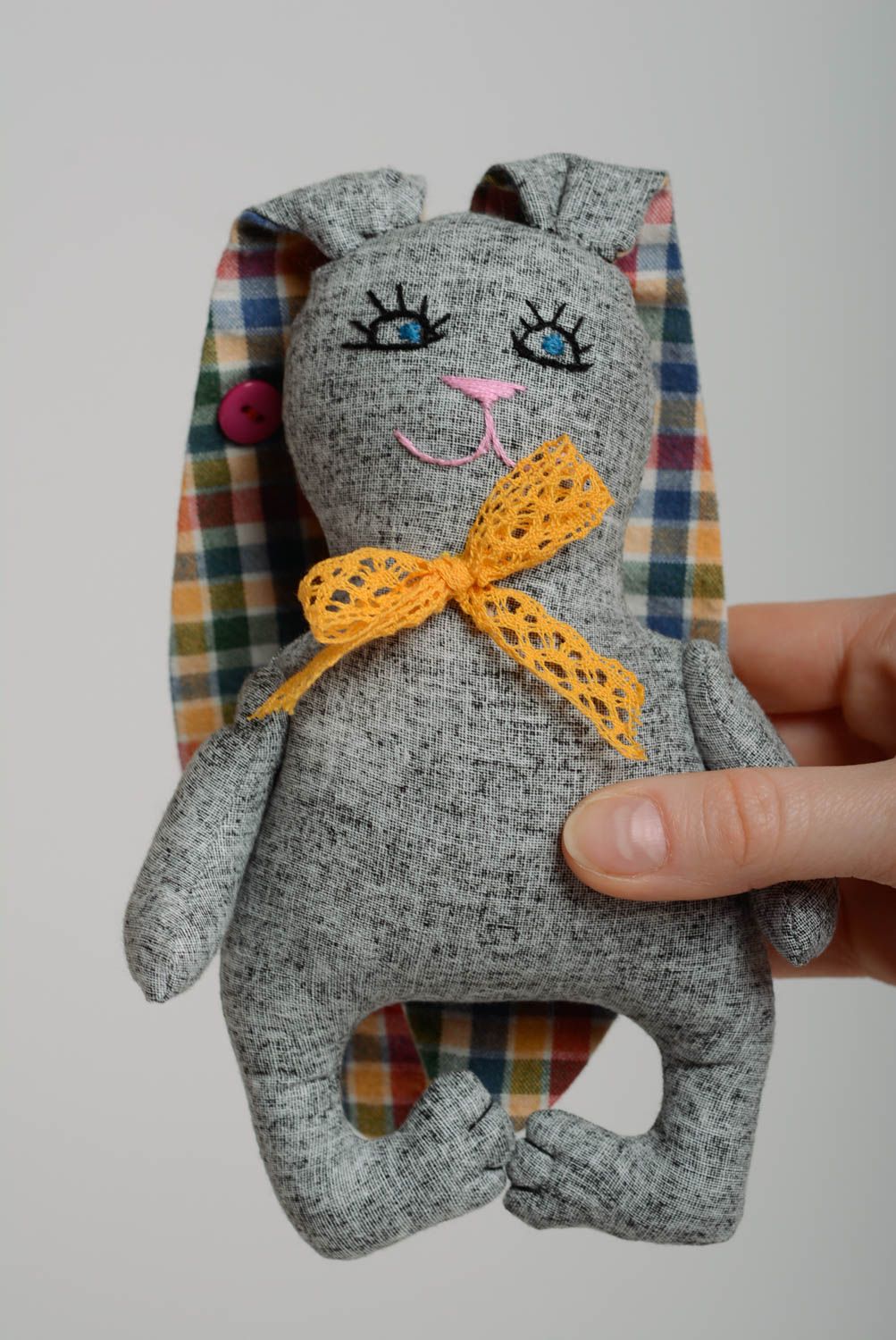 Small handmade children's fabric soft toy hare of gray color photo 5