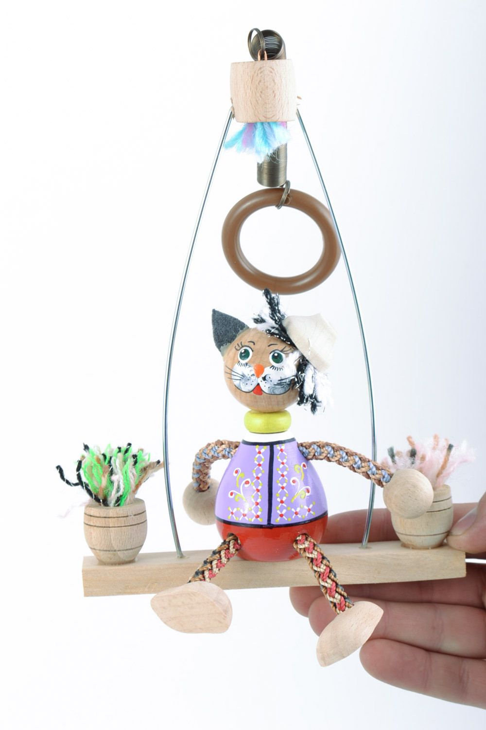 Wooden toy of cat on swing painted with eco dyes handmade for children photo 2