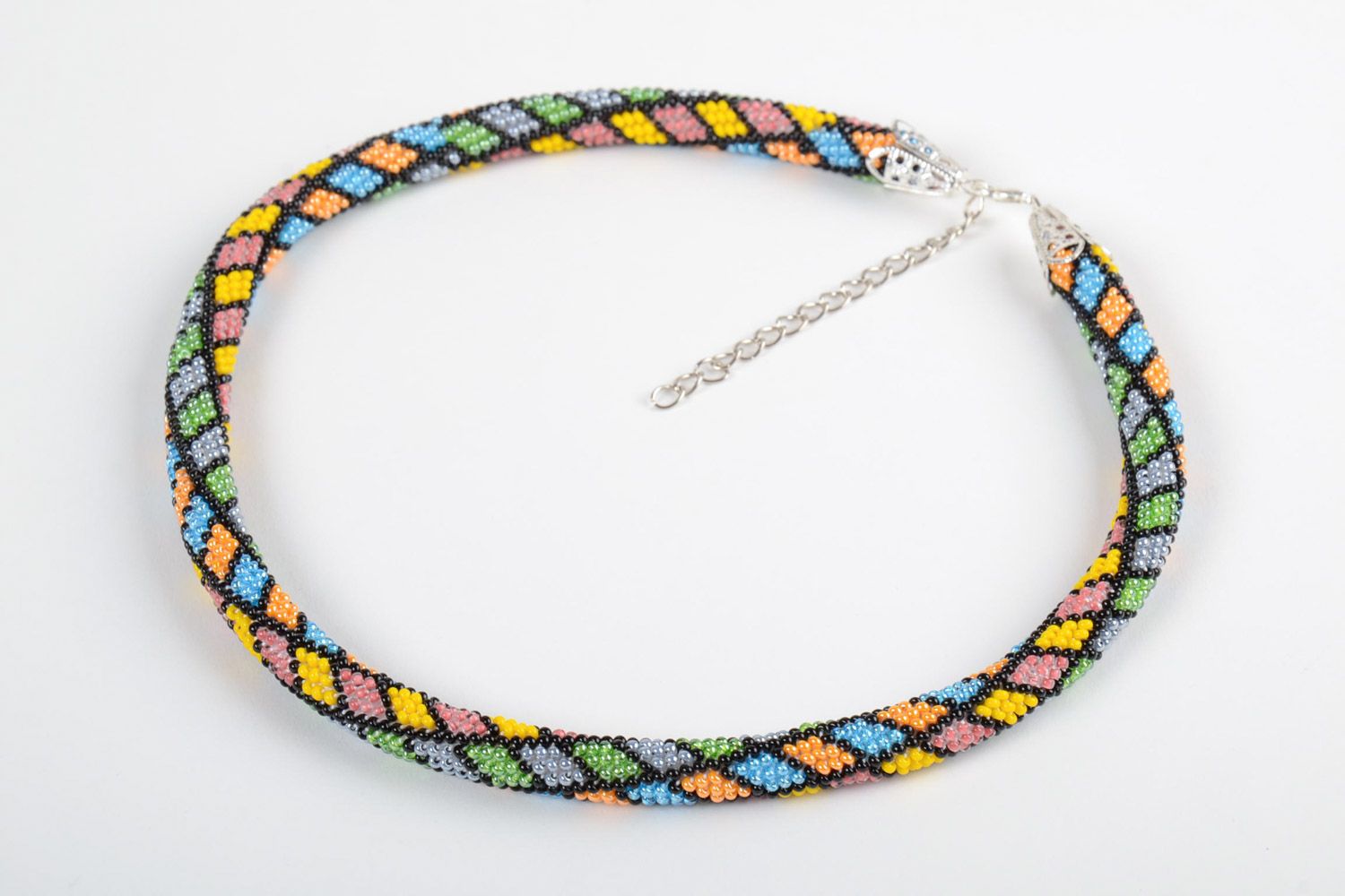Handmade colorful elegant bright beautiful female beaded cord necklace  photo 2