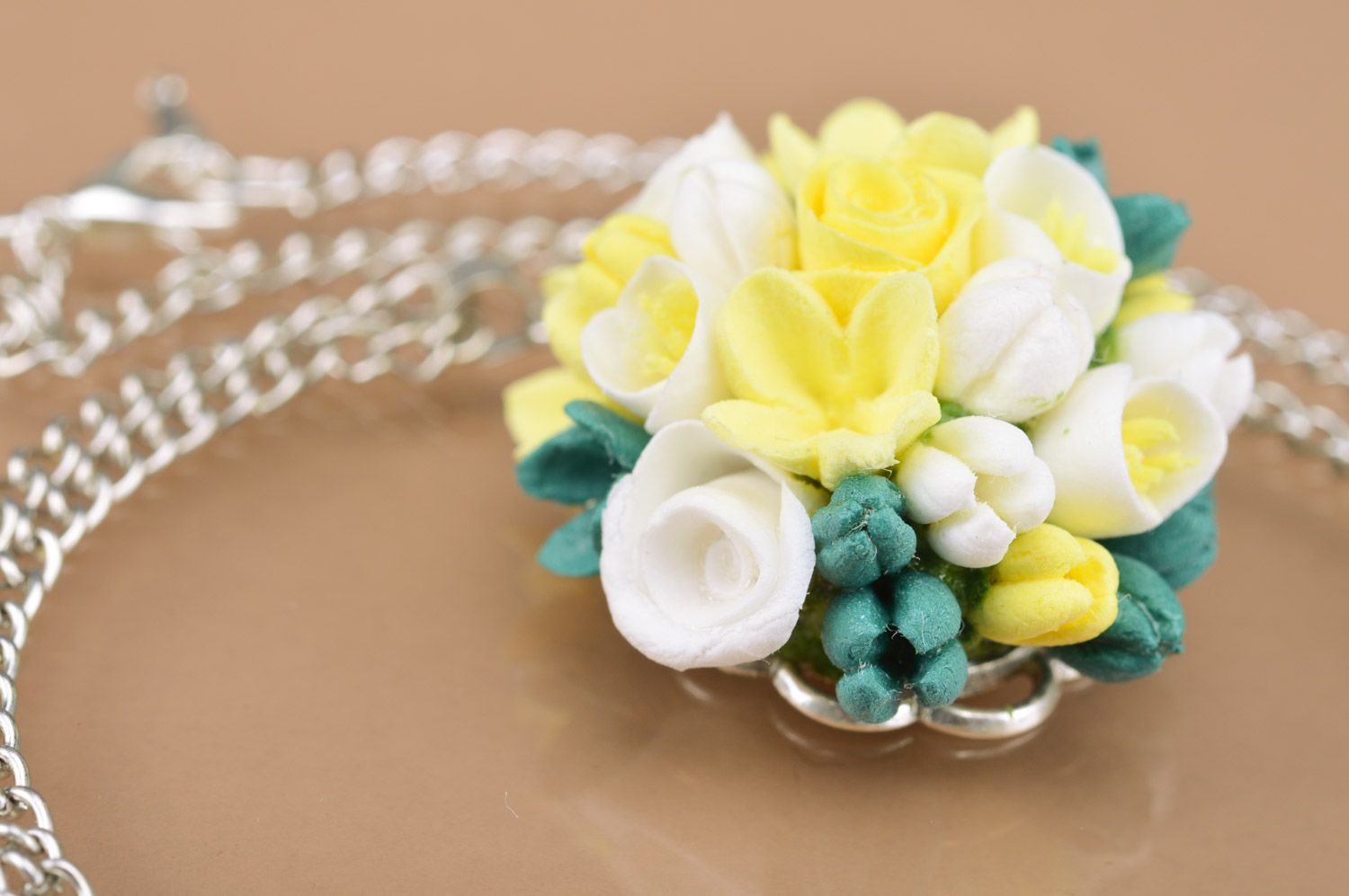Handmade yellow polymer clay flower pendant with chain photo 3