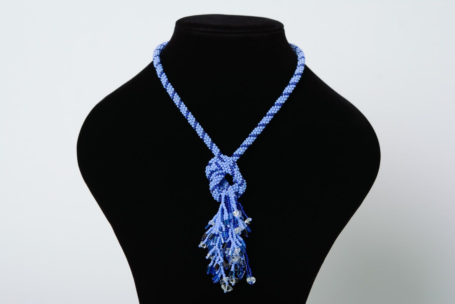 Handmade beautiful long necklace woven of beads in blue color palette for women photo 2