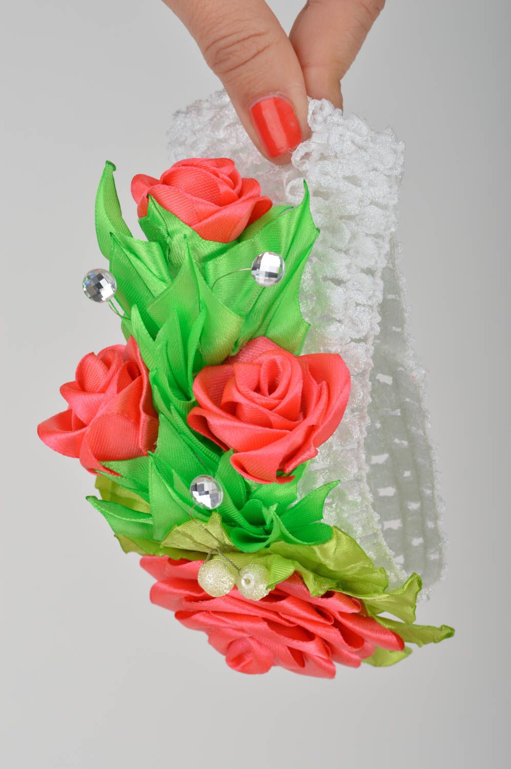 Children's handmade designer stretchy headband with satin flowers kanzashi photo 3