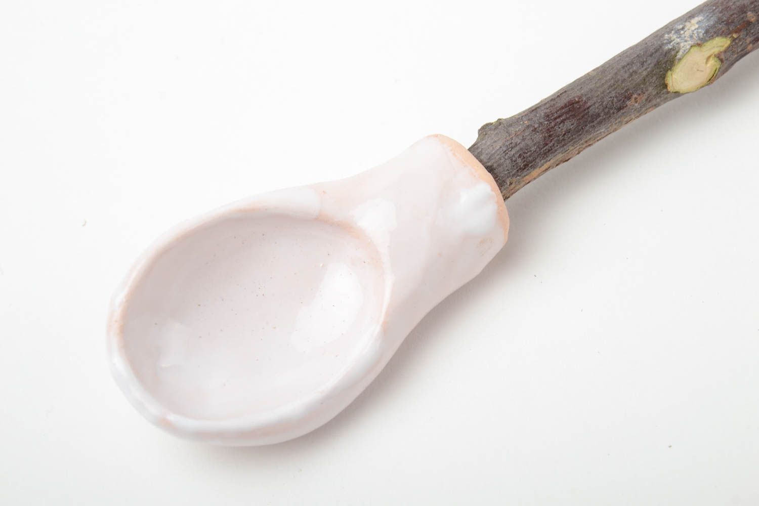 Beautiful handmade white clay spoon with apricot wood handle photo 4