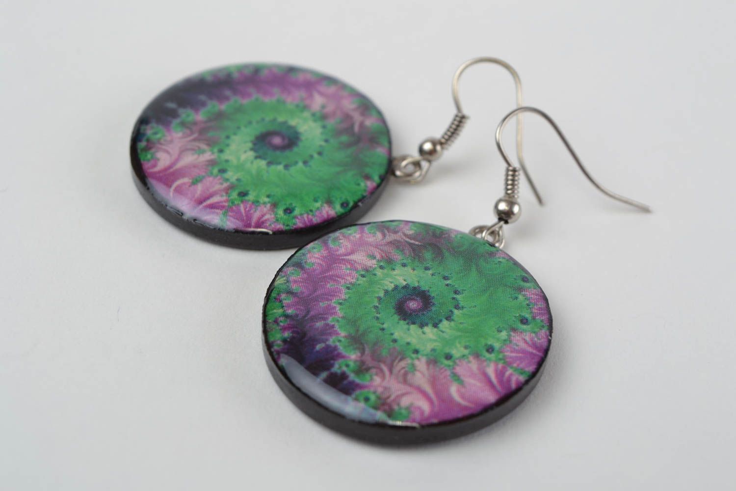 Large handmade designer polymer clay round earrings with decoupage photo 4