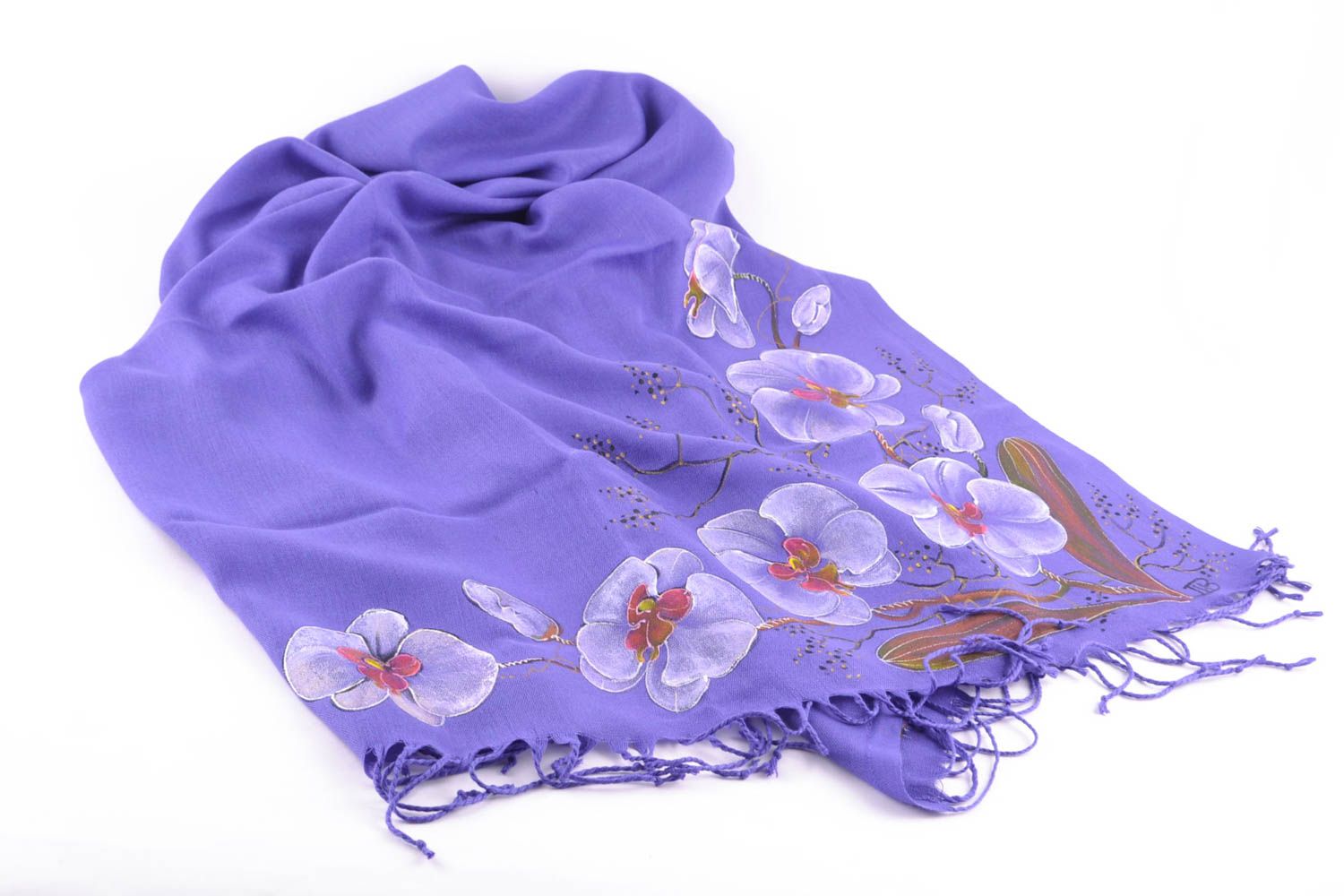 Demi-season violet cashmere shawl with flowers photo 4