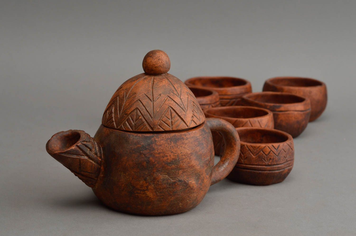 Ensemble céramique 6 petites tasses et théière originale faits main ethnique photo 2