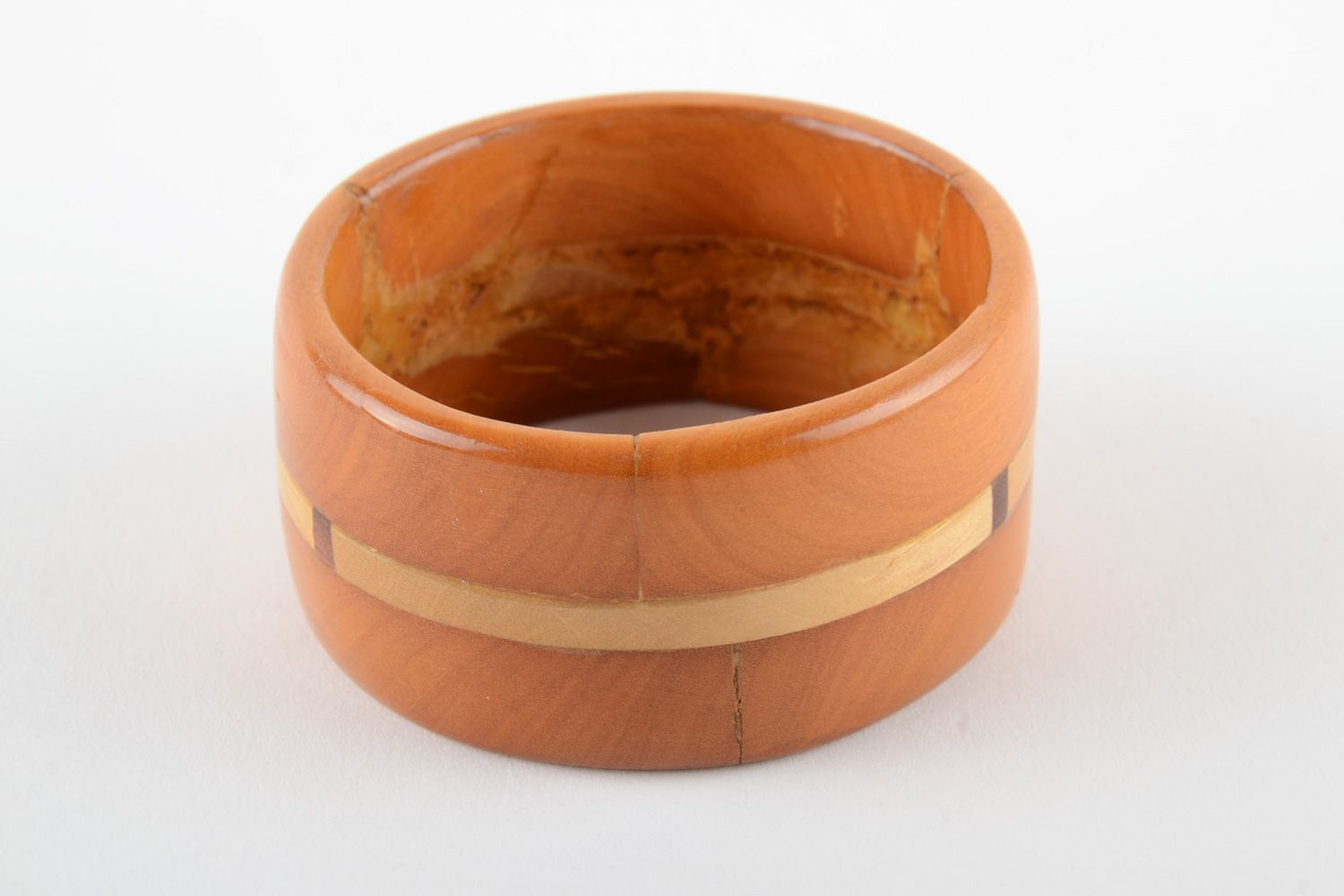 Wide handmade varnished tinted wooden wrist bracelet with inlay for women photo 3