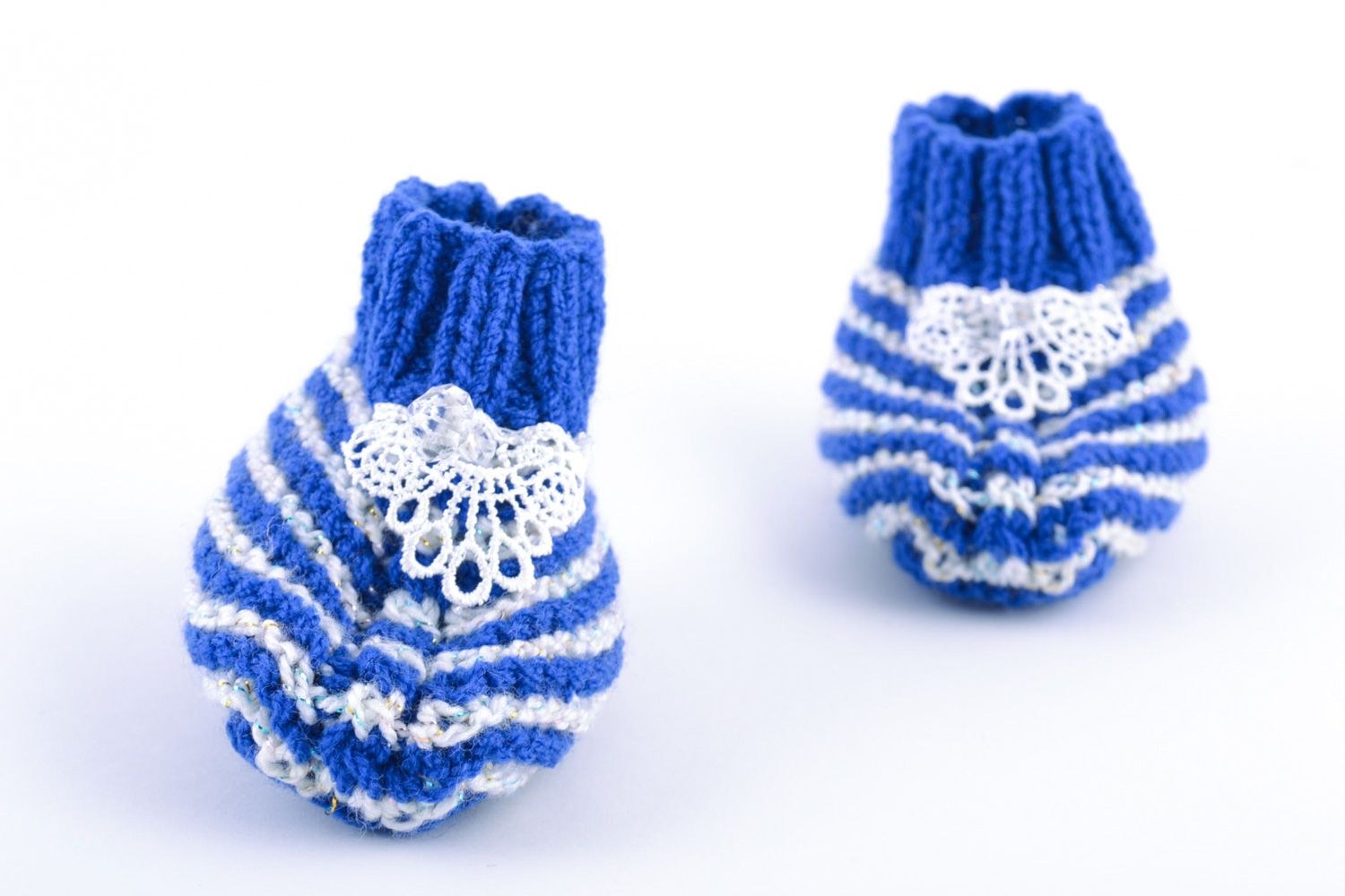 Handmade warm white and blue striped baby booties knitted of natural wool  photo 4
