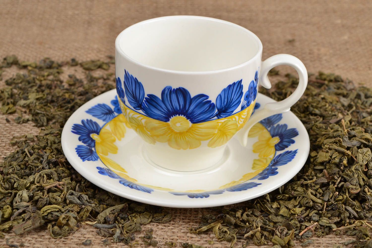 8 oz ceramic cup with handle and saucer in white, blue, yellow colors photo 1