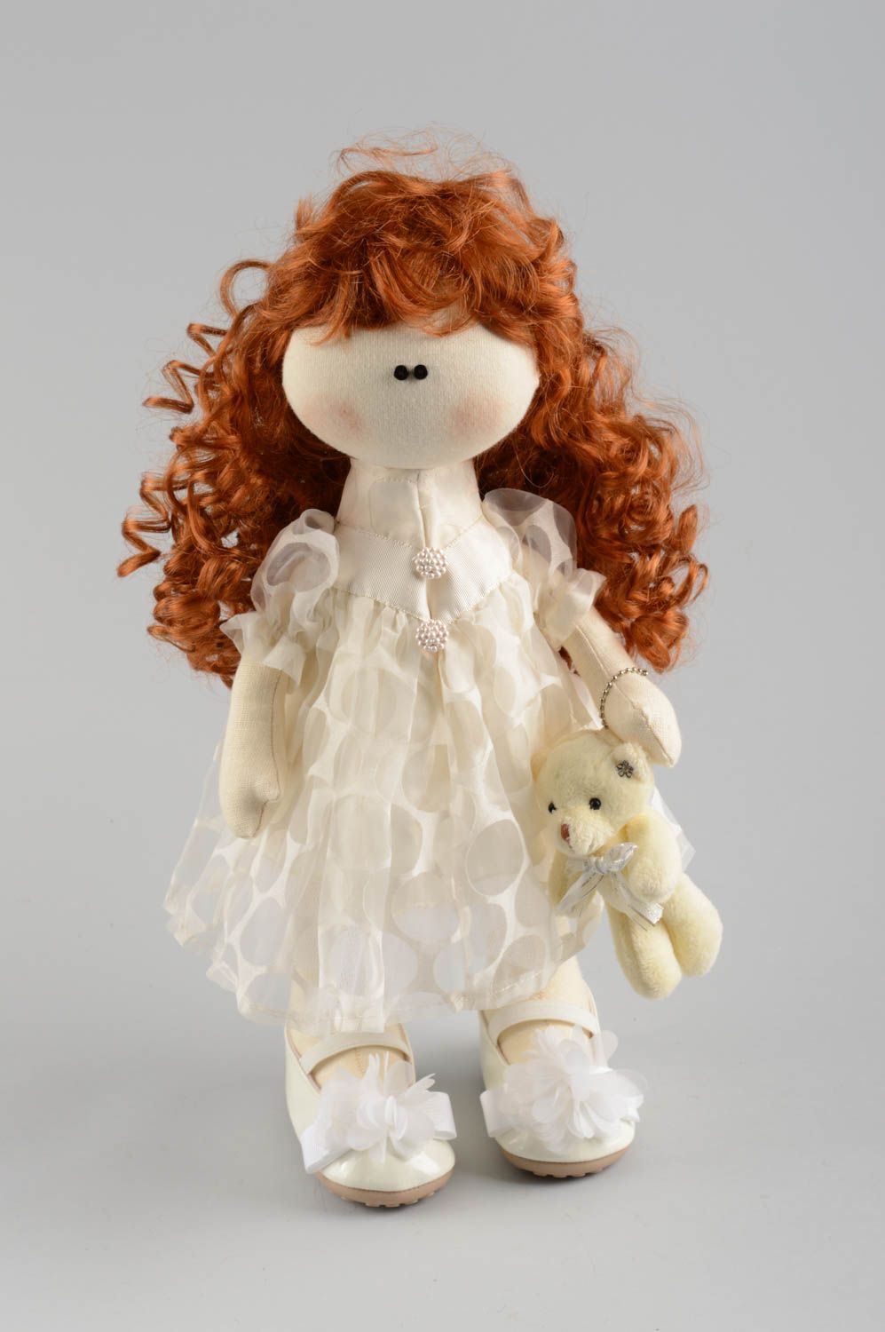 Handmade designer soft doll sewn of linen cute girl with curly hair in dress photo 2