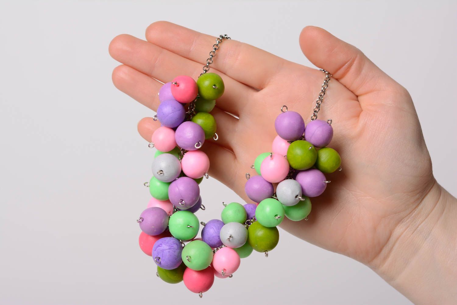 Handmade summer colorful polymer clay bead necklace on metal chain for women photo 5