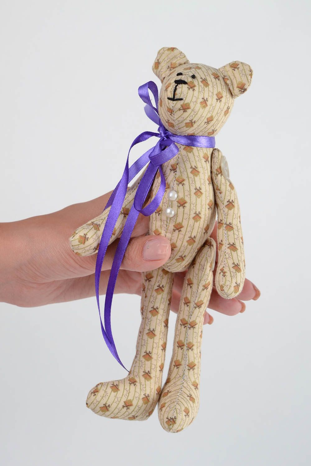 Peluche Ours en tissu de coton faite main marron avec noeud Cadeau enfant photo 2