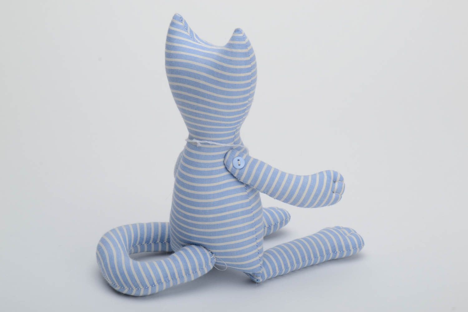 Handmade designer blue striped cotton fabric soft toy cat with long tail photo 3