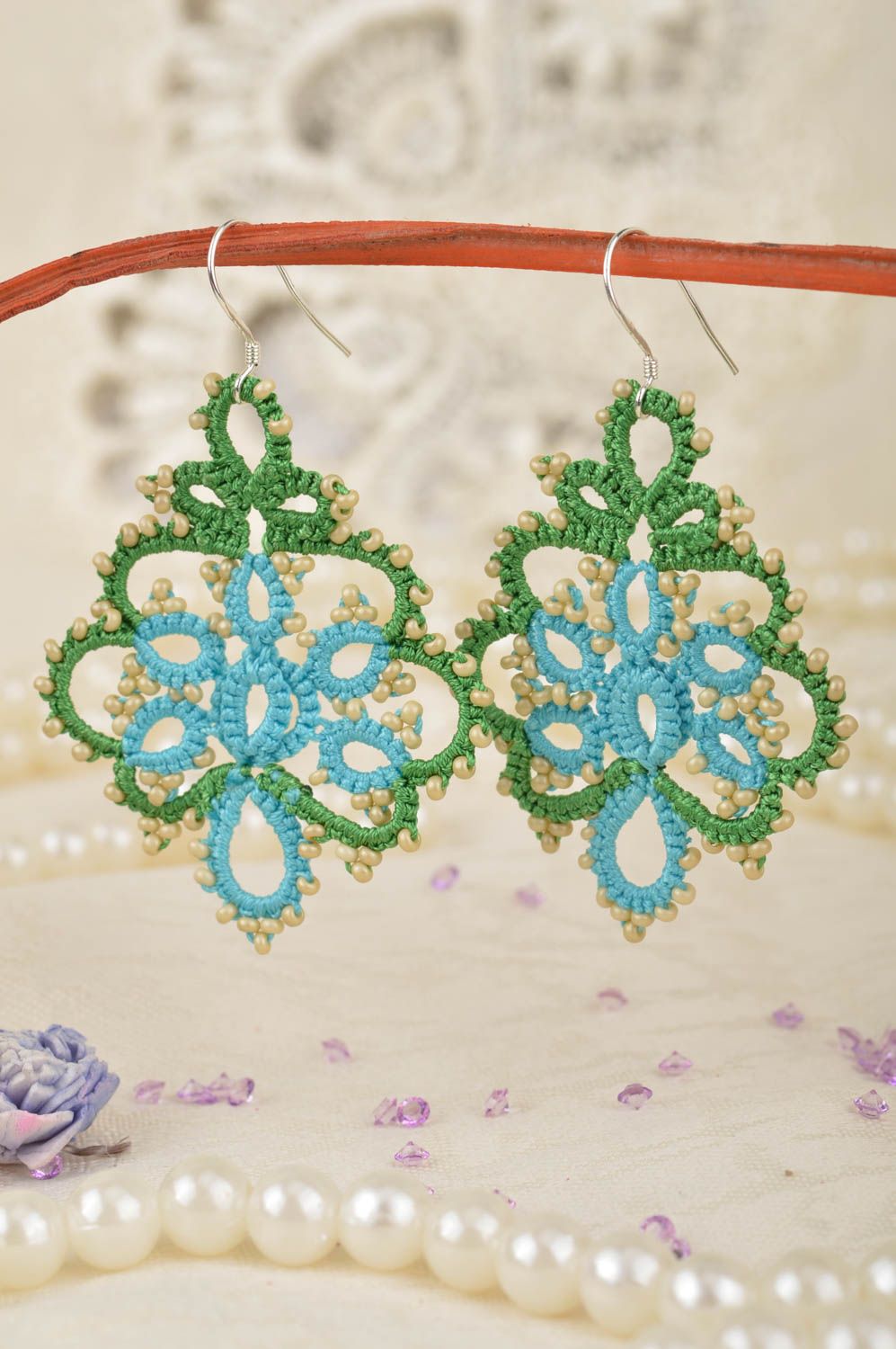 Handmade large lace drop tatted earrings woven of green and blue satin threads photo 1