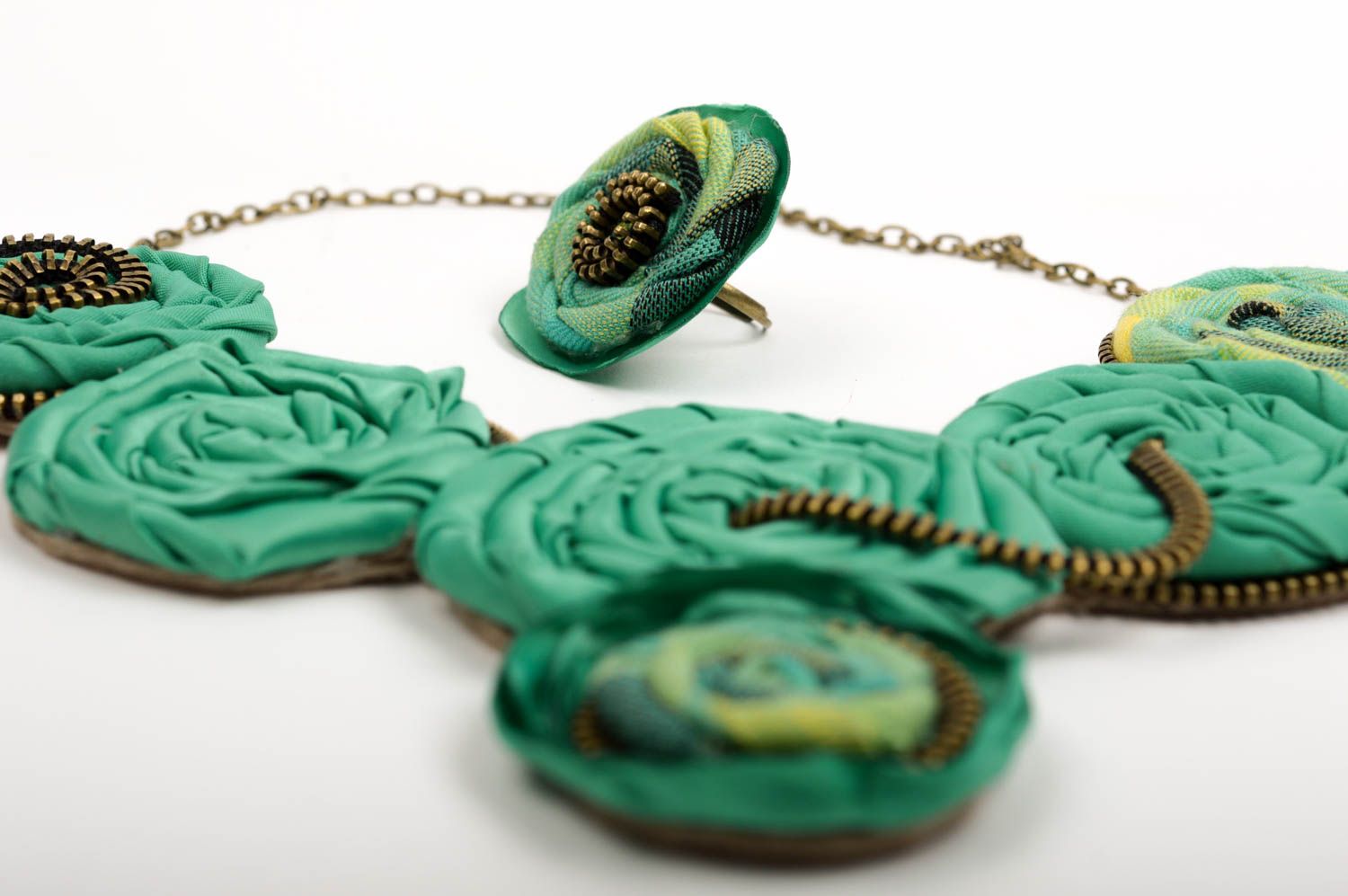 Женское кольцо украшение ручной работы украшение из ткани зеленое кольцо фото 5