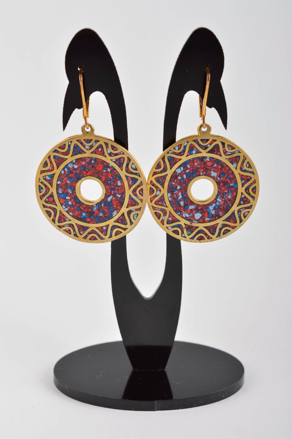Ethnic earrings with natural stones handmade brass earrings metal bijouterie photo 2