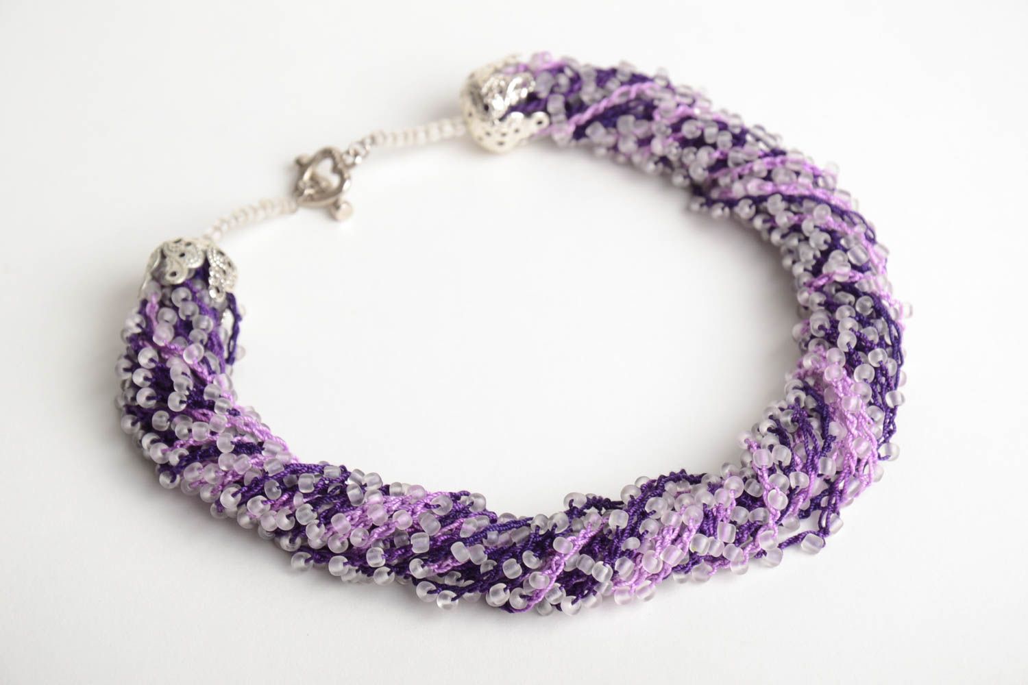 Handmade volume multi row crocheted necklace with beads in lavender color shades photo 3