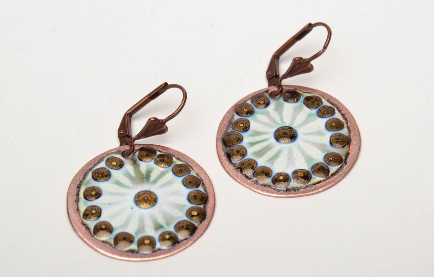 Designer copper earrings of round shape painted with enamels photo 3